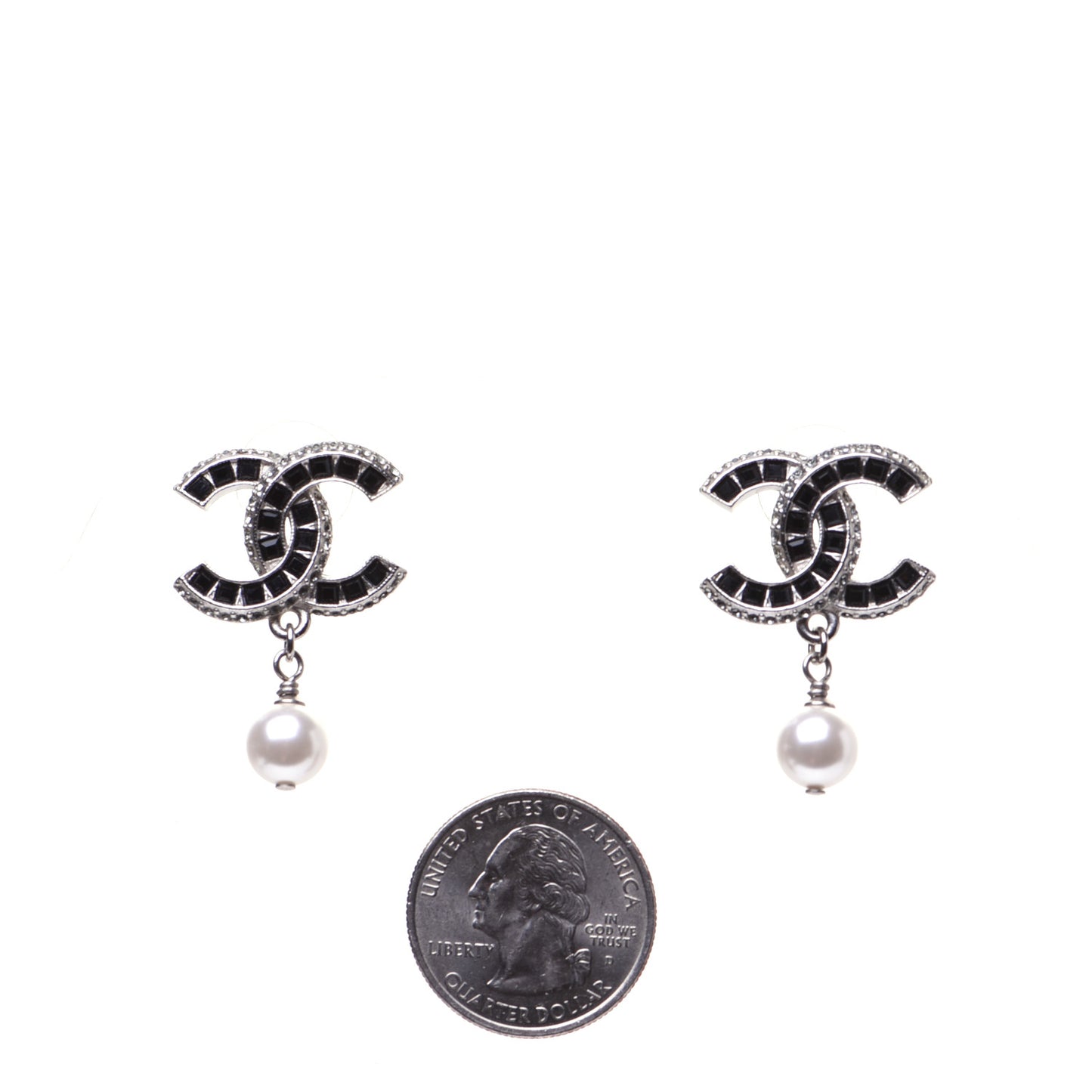 Baguette Crystal Pearl CC Drop Earrings Silver Black