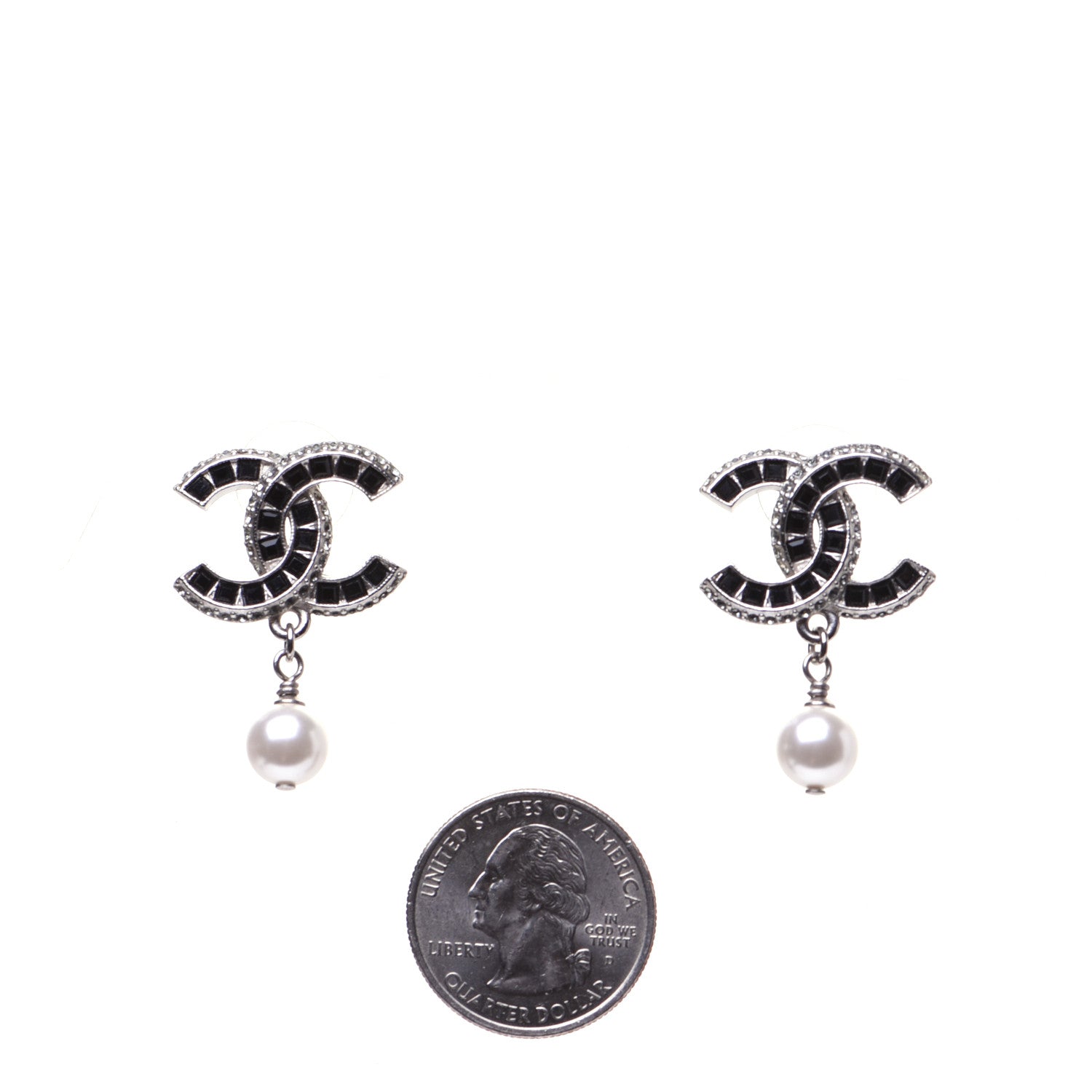 Chanel Baguette Crystal Pearl CC Drop Earrings Silver Black 2 of 8