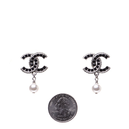 Chanel Baguette Crystal Pearl CC Drop Earrings Silver Black 2 of 8