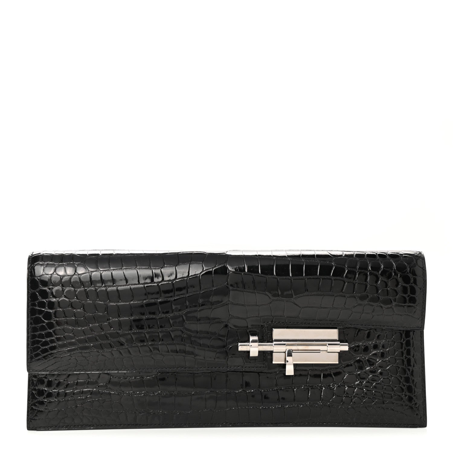 Hermes Shiny Porosus Crocodile Verrou Elan Clutch Black 1 of 9