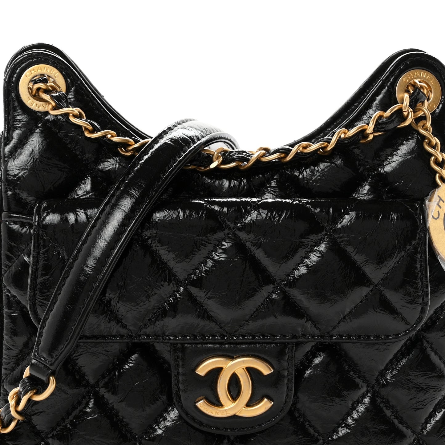 Shiny Crumpled Calfskin Quilted Small Wavy CC Hobo Black