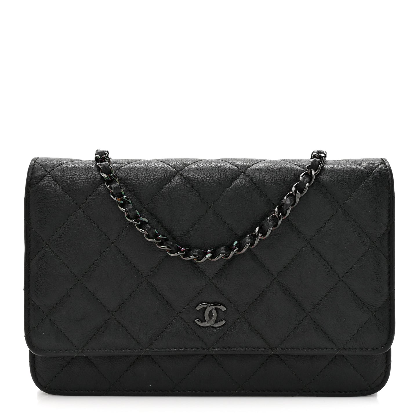 Crumpled Calfskin Quilted Wallet On Chain WOC Black