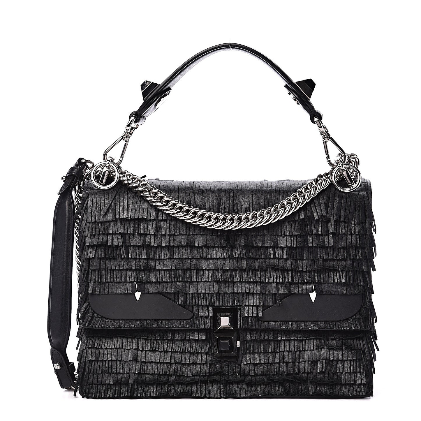 Vitello Century Opaco Monster Eyes Fringe Studded Kan I Shoulder Bag Black