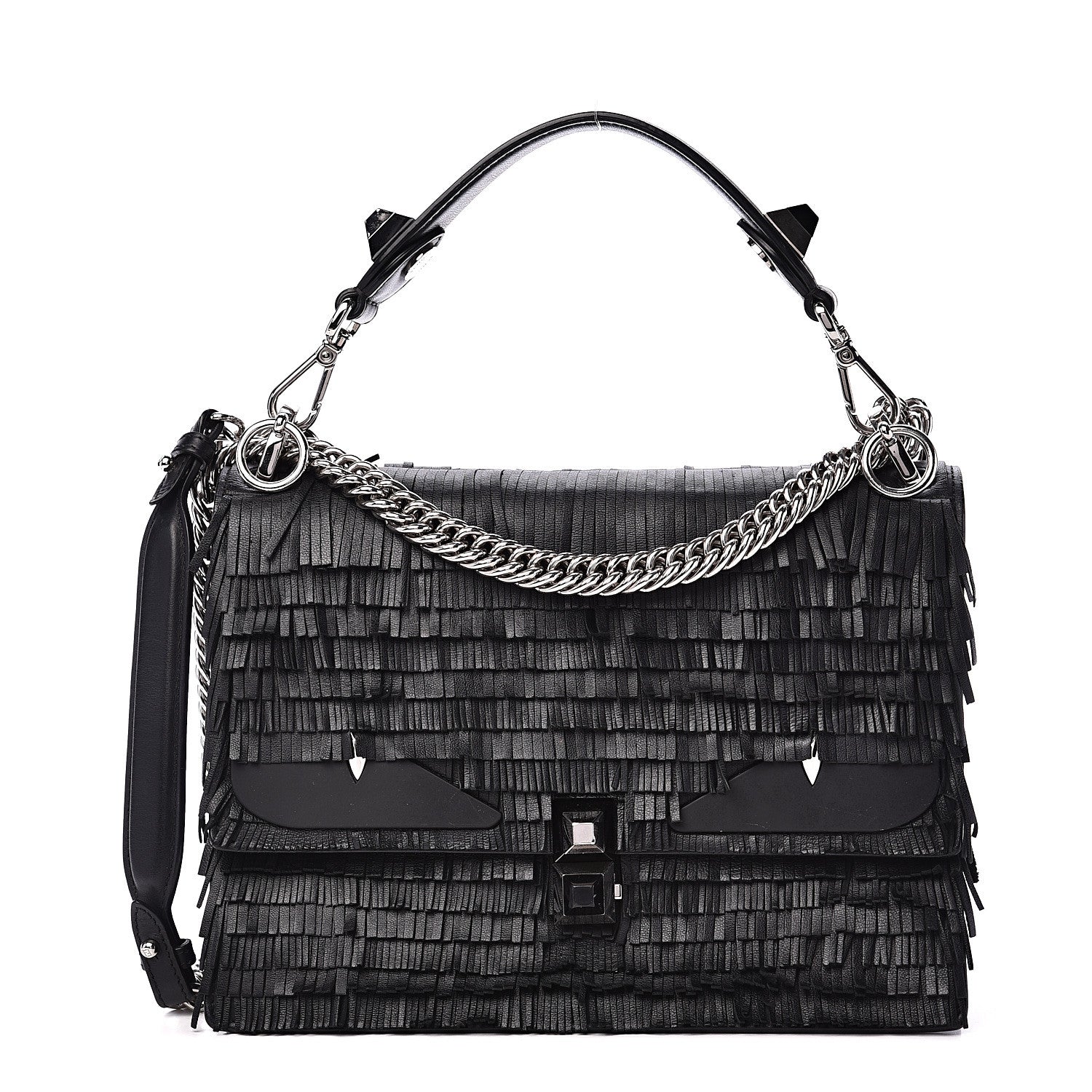 Fendi Vitello Century Opaco Monster Eyes Fringe Studded Kan I Shoulder Bag Black 1 of 12