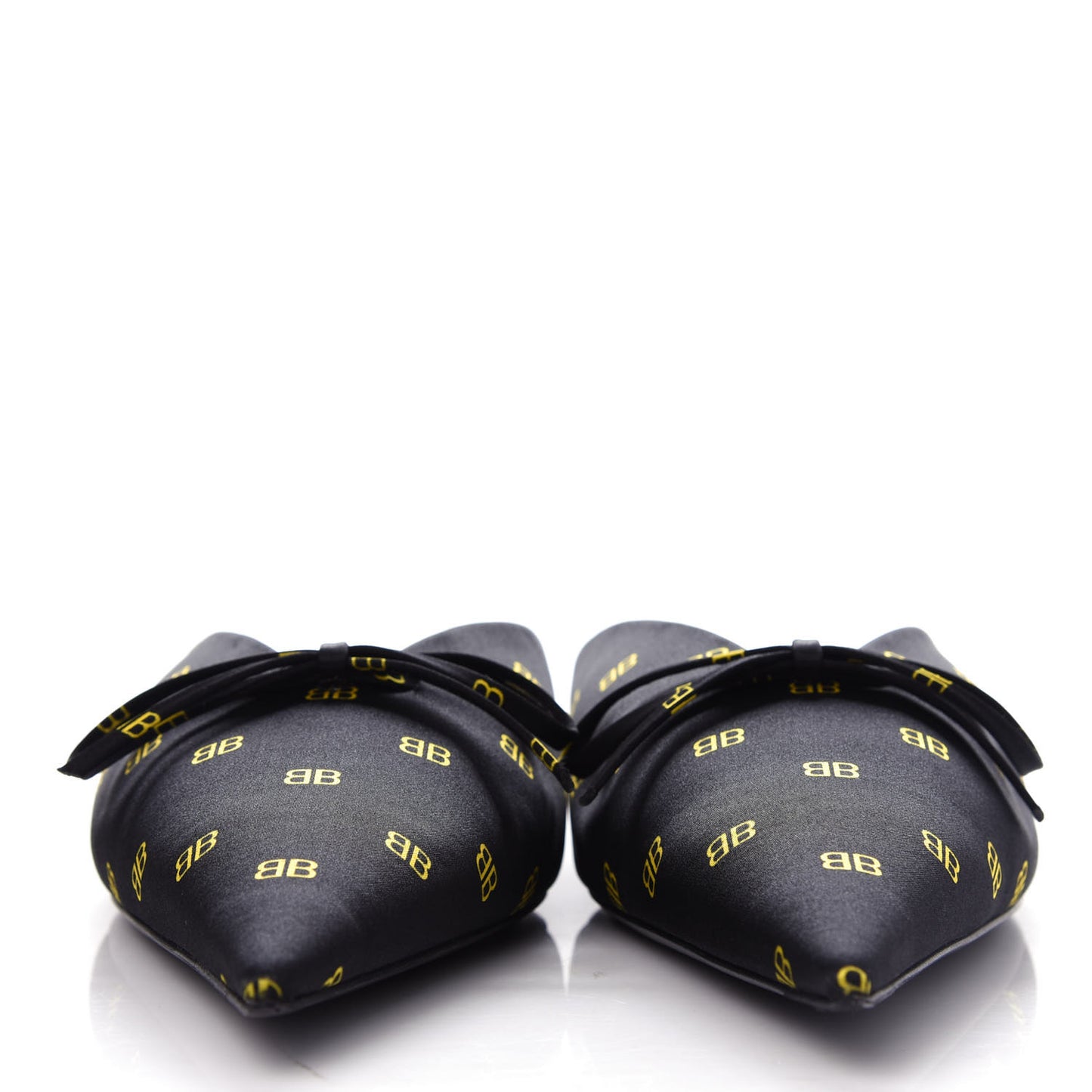 Crepe Satin BB Printed Pointy Toe Knife Flat Mules 39 Black Yellow Fluo