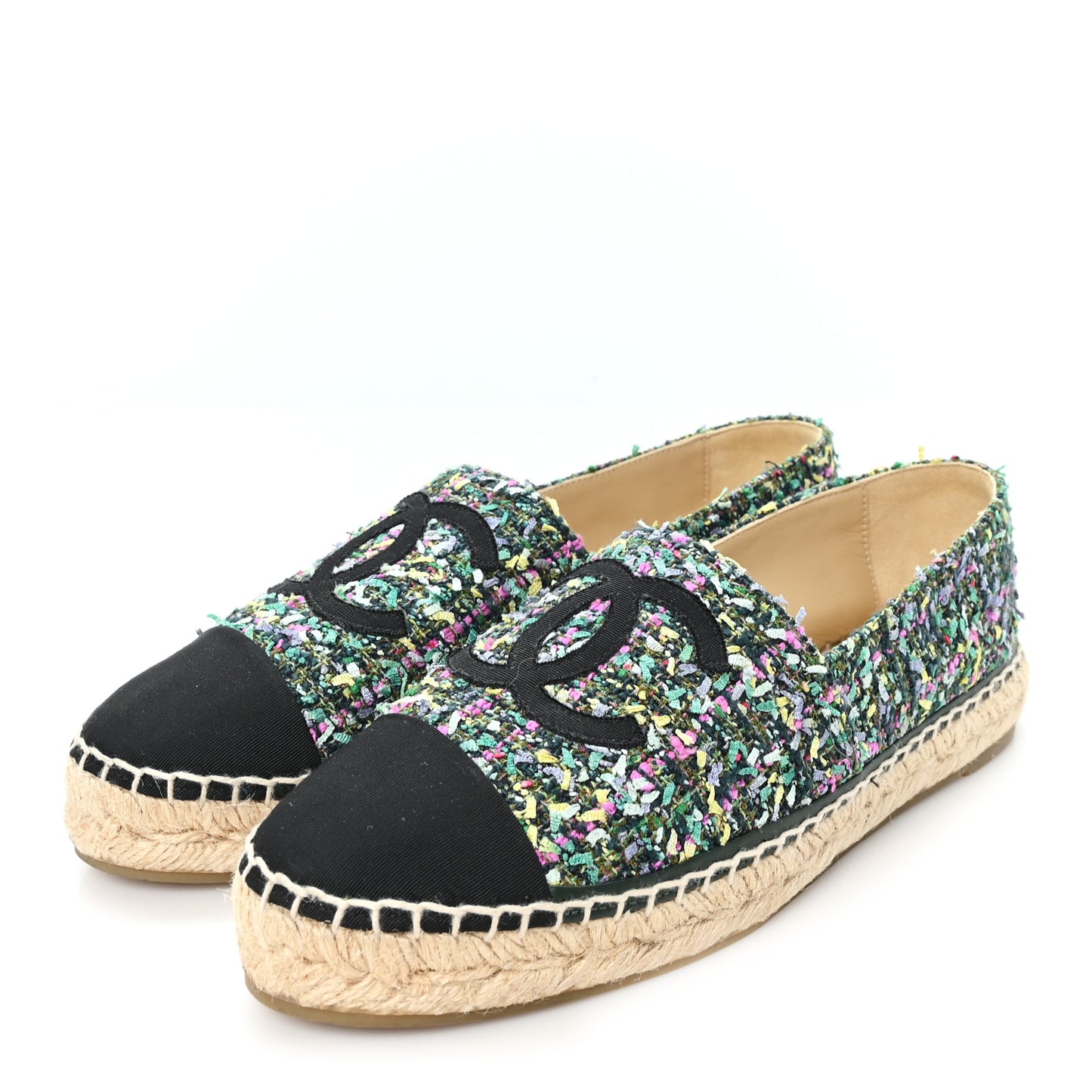 Tweed Grosgrain CC Espadrilles 39 Green Pink Yellow Black