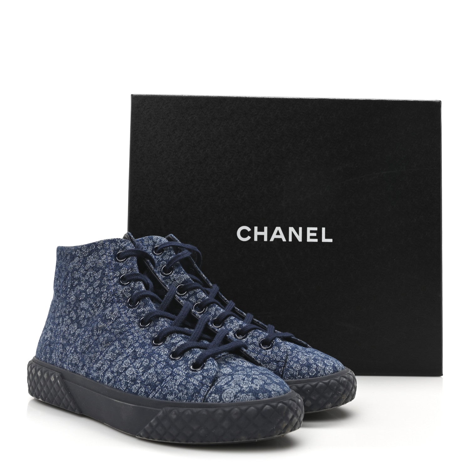 Chanel Printed Denim Quilted High Top Sneakers 37.5 Dark Blue 10 of 10
