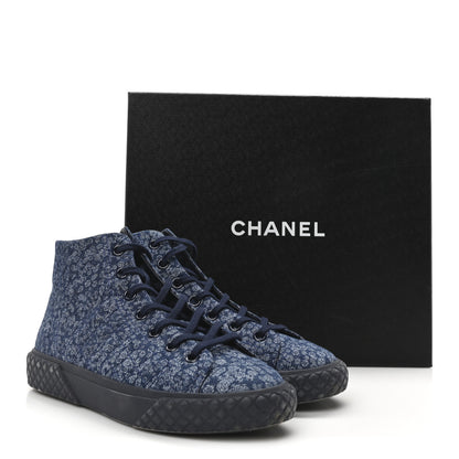 Chanel Printed Denim Quilted High Top Sneakers 37.5 Dark Blue 10 of 10