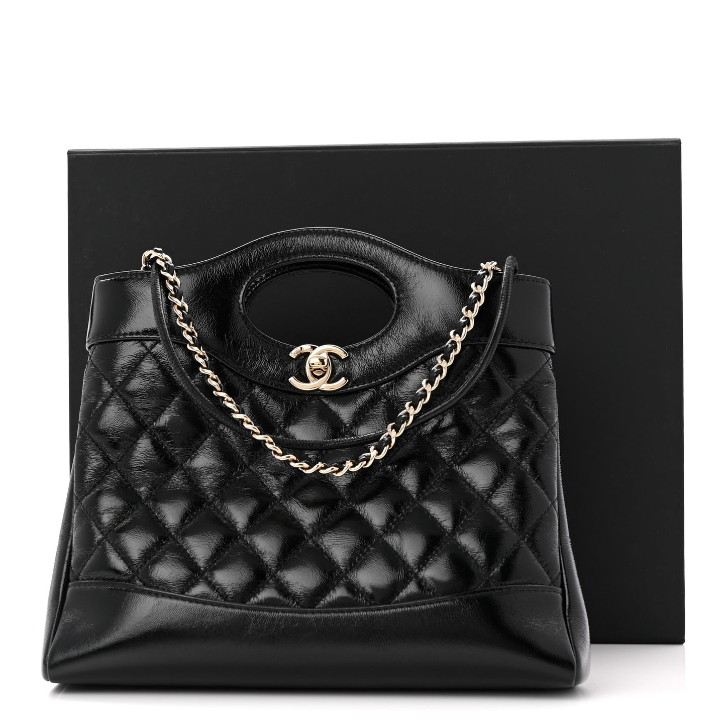 Shiny Crumpled Calfskin Quilted Mini 31 Shopping Bag Black