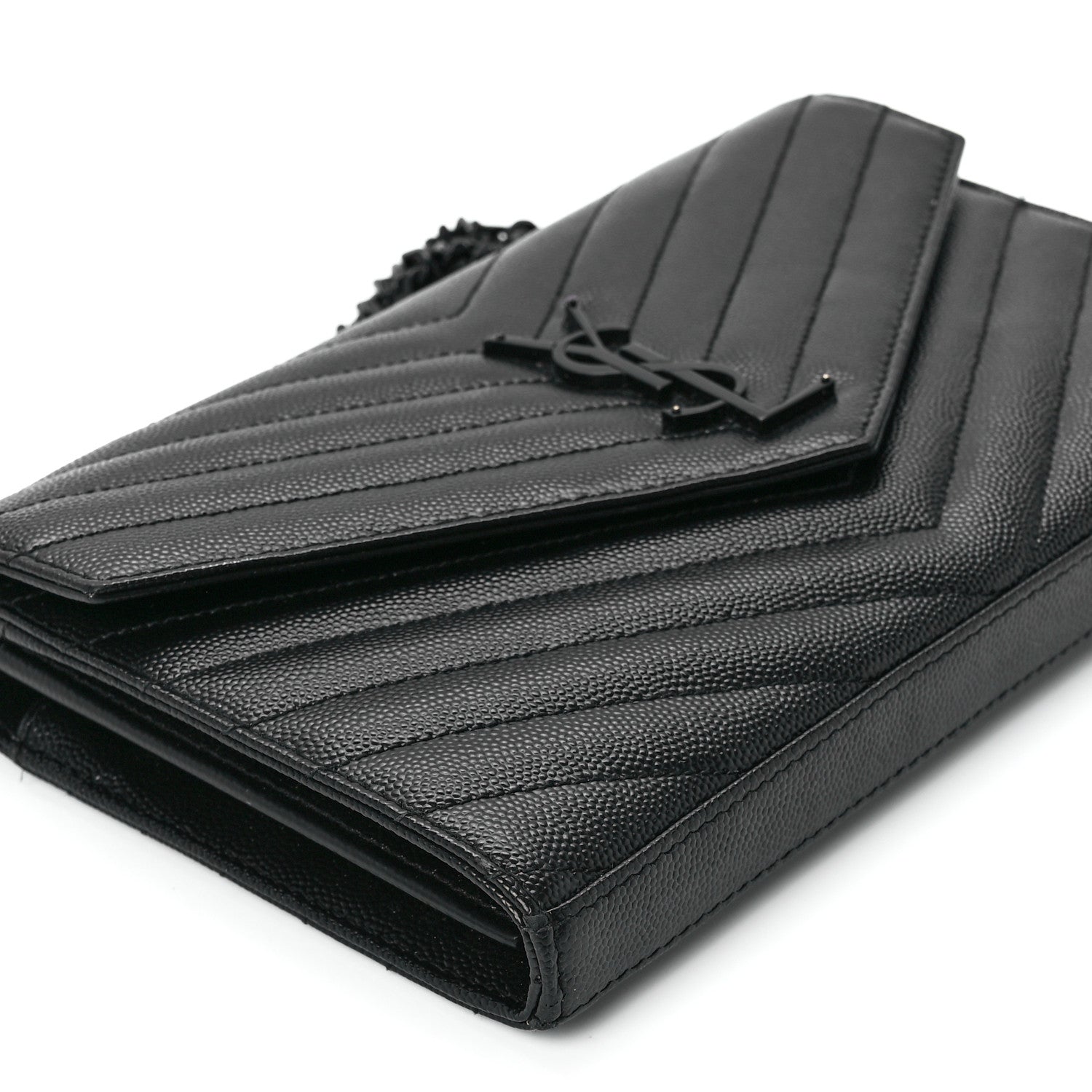 Saint Laurent Grain De Poudre Matelasse Chevron Monogram Monochrome Chain Wallet Black 9 of 10