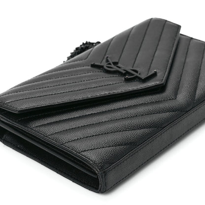 Saint Laurent Grain De Poudre Matelasse Chevron Monogram Monochrome Chain Wallet Black 9 of 10