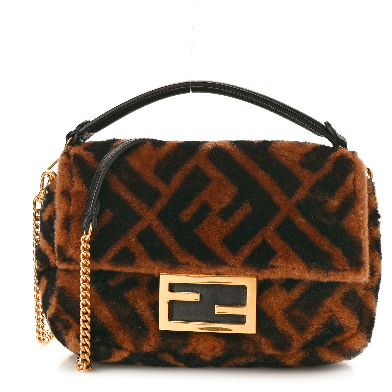 Fendi Shearling Vitello Dolce Macro FF 1974 Mini Baguette Tobacco Black 1 of 10