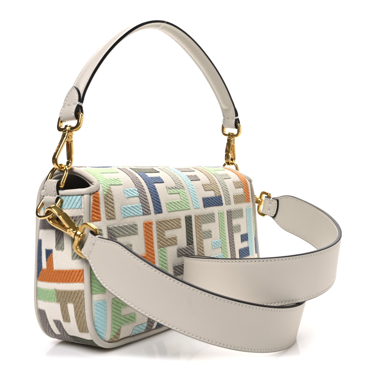 Canvas Vitello Seta FF Multicolor Embroidered Baguette Grezzo Multicolor Latte