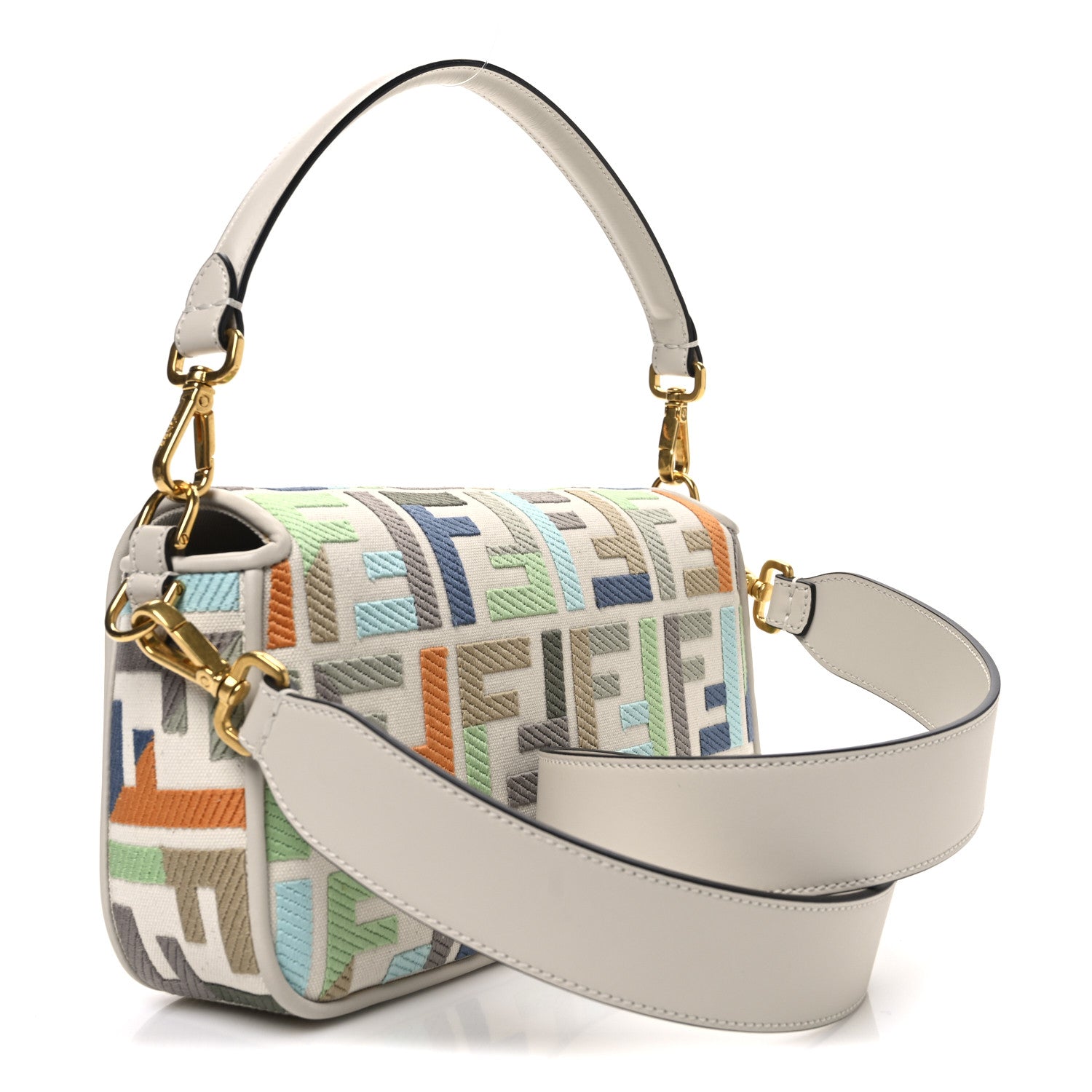 Fendi Canvas Vitello Seta FF Multicolor Embroidered Baguette Grezzo Multicolor Latte 3 of 10