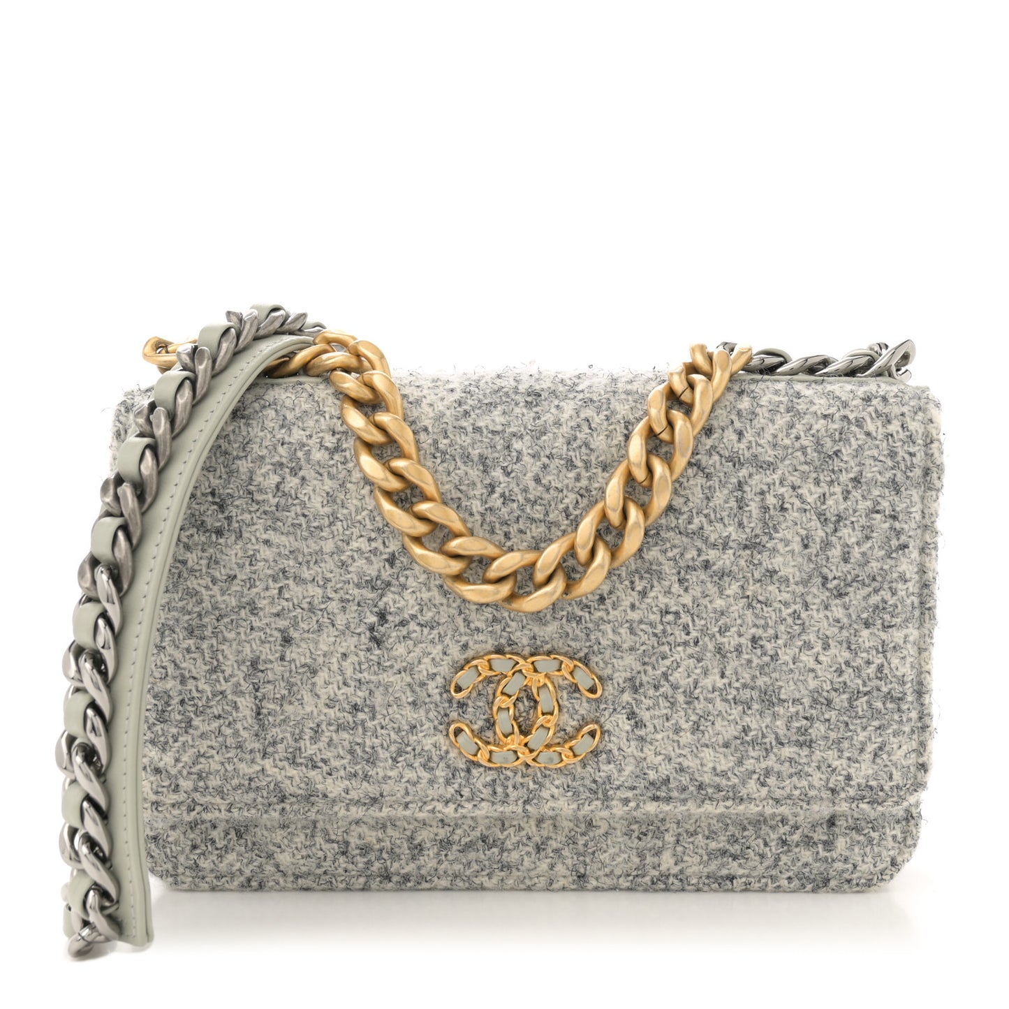 Wool Tweed Lambskin Quilted Chanel 19 Wallet On Chain WOC Grey Ecru