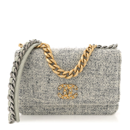 Chanel Wool Tweed Lambskin Quilted Chanel 19 Wallet On Chain WOC Grey Ecru 1 of 14