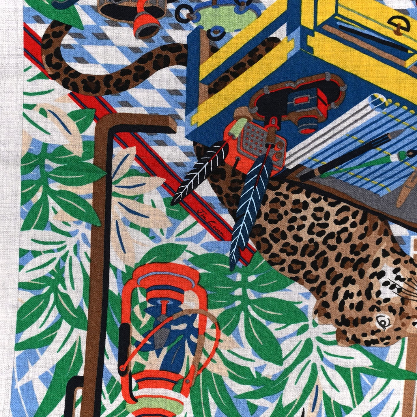 Cashmere Silk Les Douze Leopards Shawl 140 Gris Chine Vert