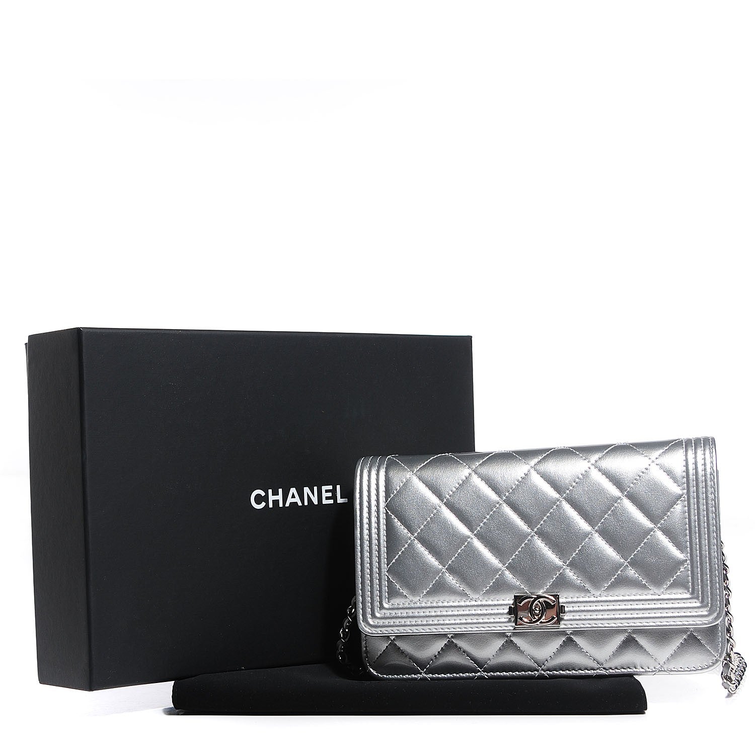 Chanel Metallic Patent Calfskin Quilted Boy Wallet on Chain WOC Silver 4 of 8