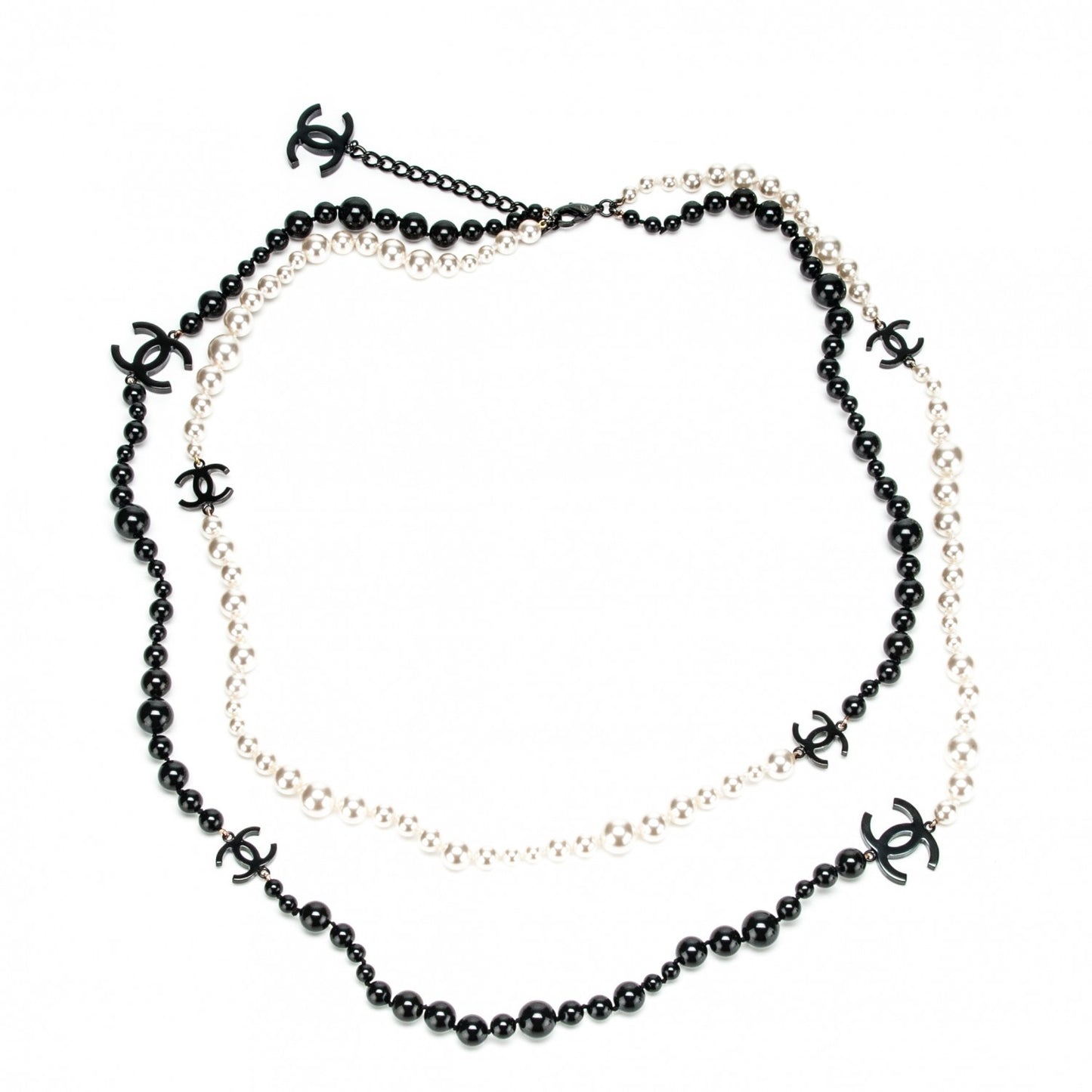 Pearl Beaded CC Long Necklace Black White