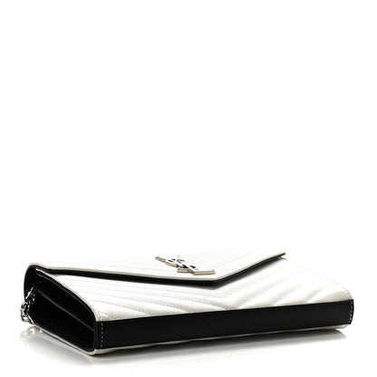 Saint Laurent Grain De Poudre Matelasse Bi-Color Chevron Monogram Chain Wallet White Black 4 of 10