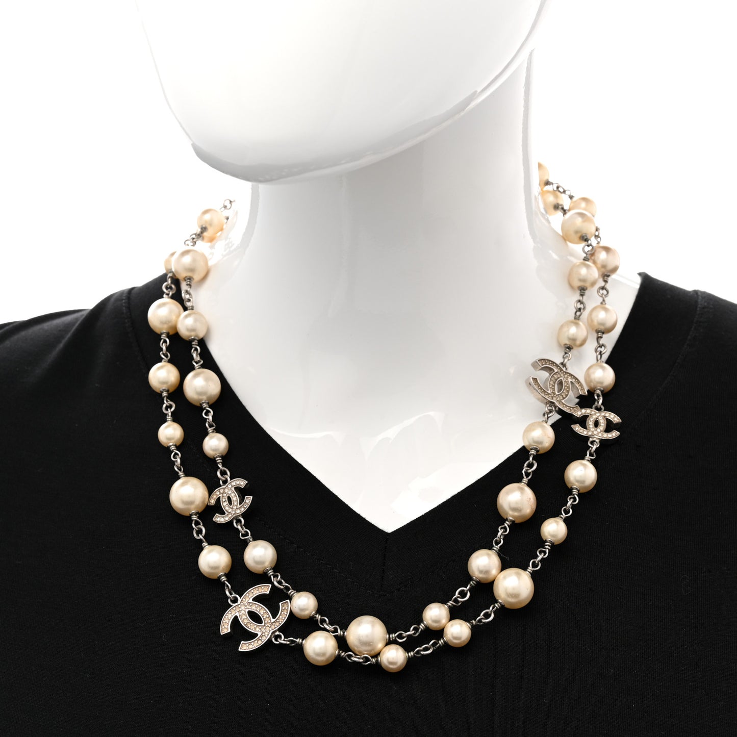 Graduated Pearl Crystal CC Long Necklace Silver