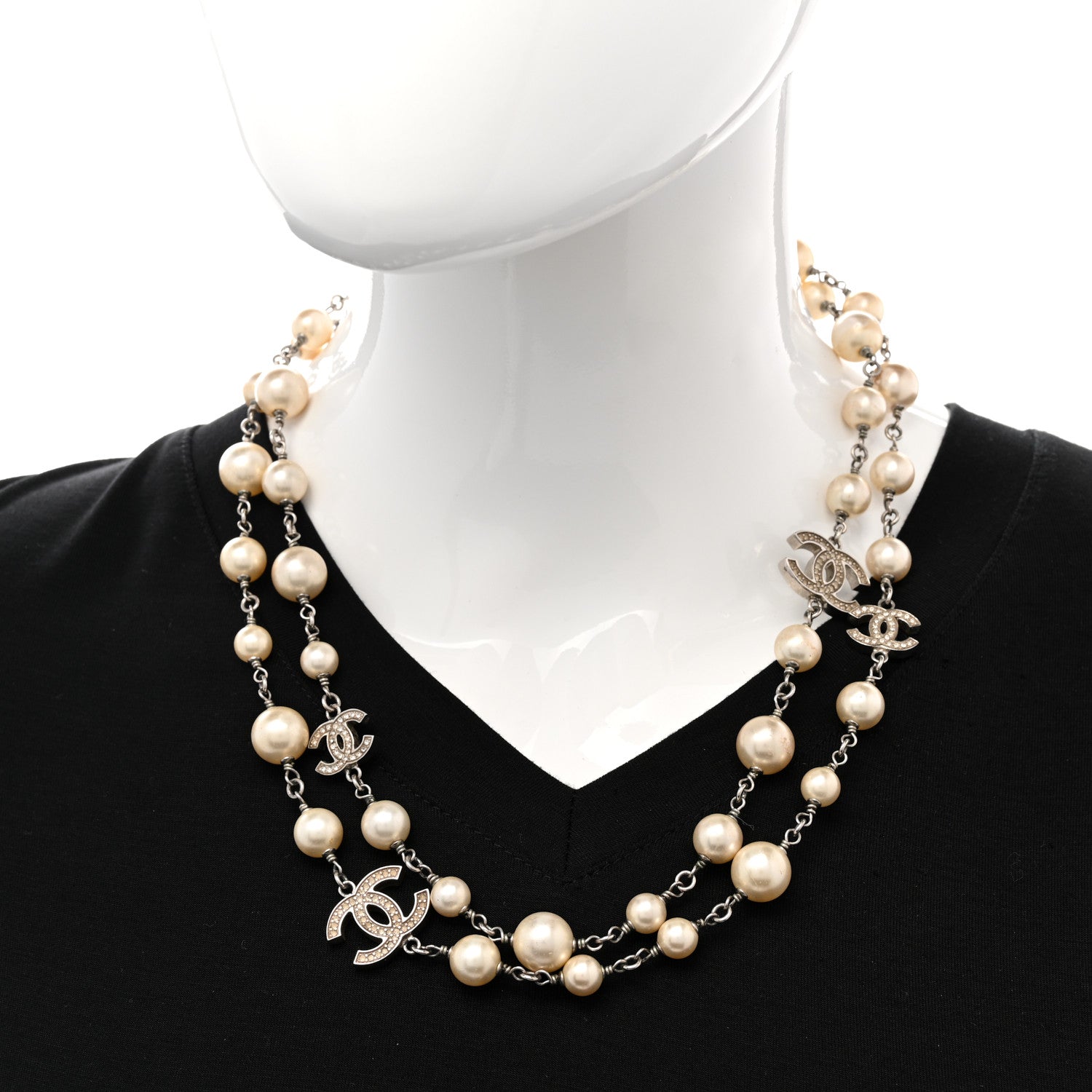 Chanel Graduated Pearl Crystal CC Long Necklace Silver 2 of 9