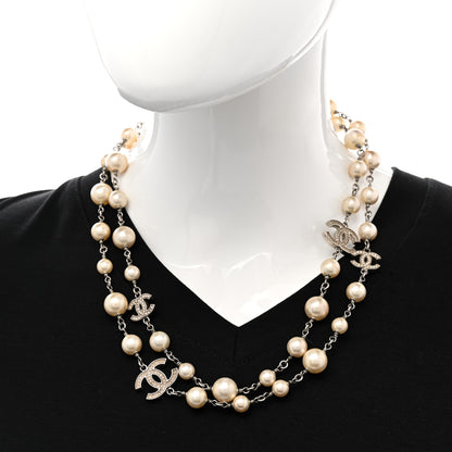 Chanel Graduated Pearl Crystal CC Long Necklace Silver 2 of 9