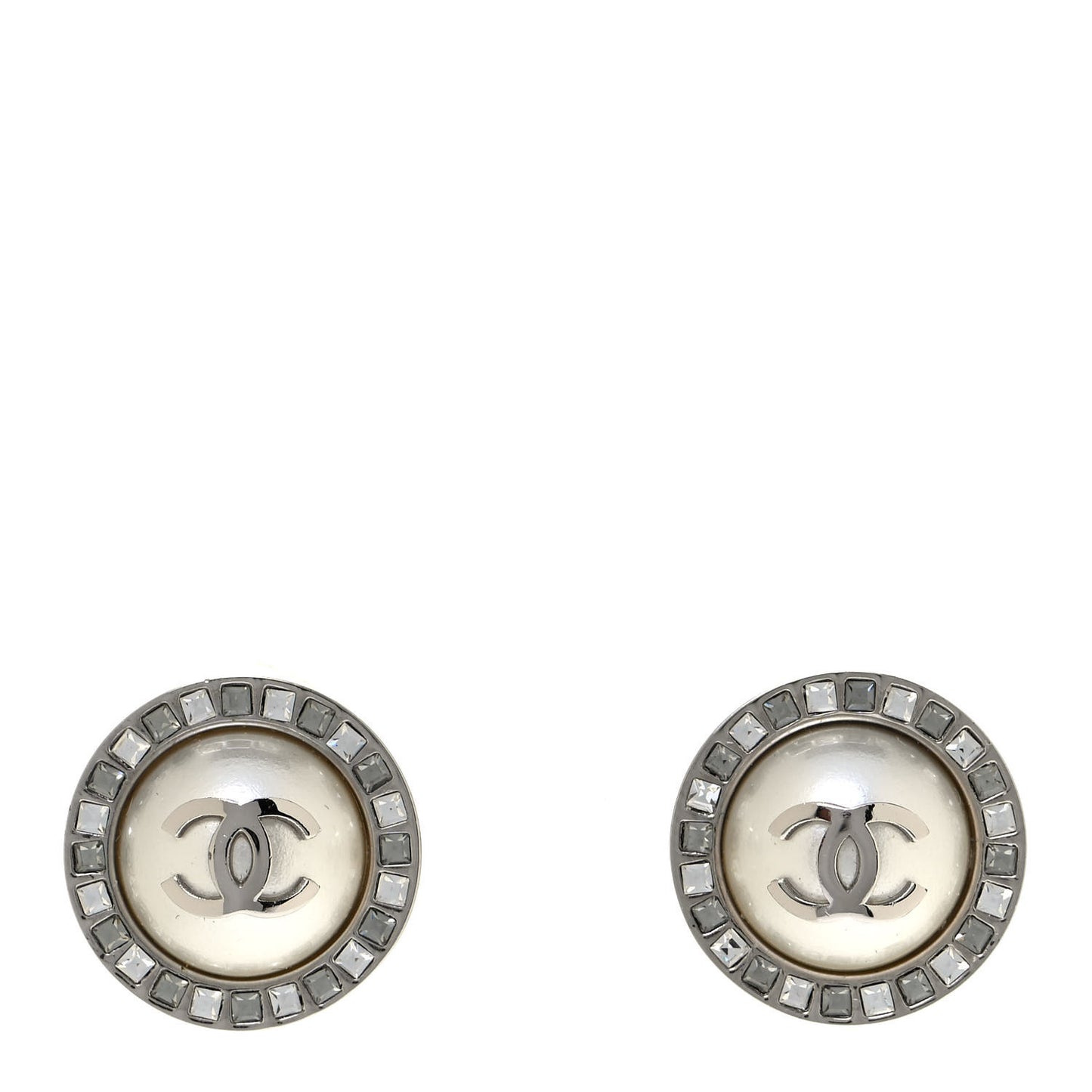 Pearl Baguette CC Round Earrings Silver