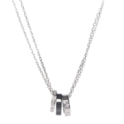 Cartier 18K White Gold Ceramic Diamond Three Ring LOVE Necklace 5 of 8