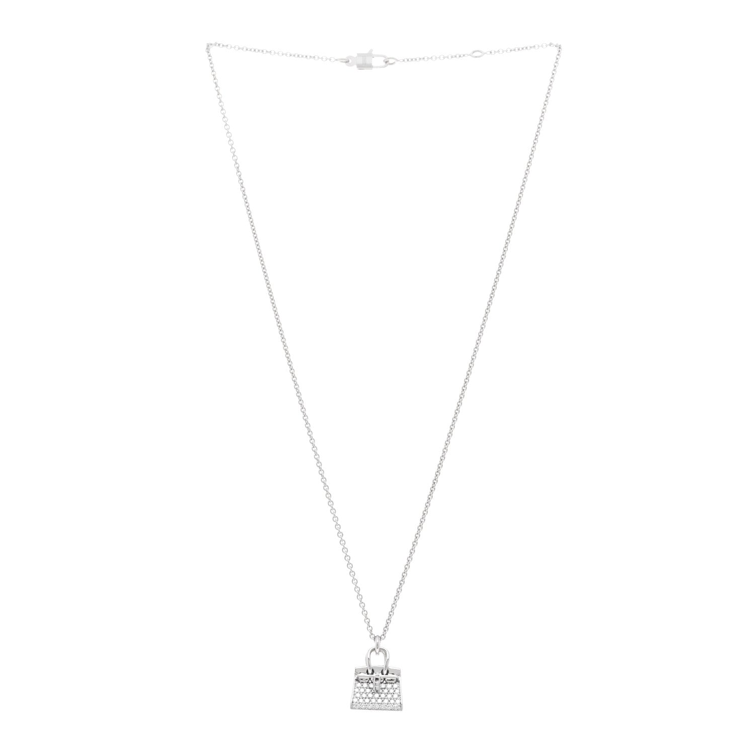 Hermes 18K White Gold Diamond Birkin Amulette Pendant Necklace 3 of 6
