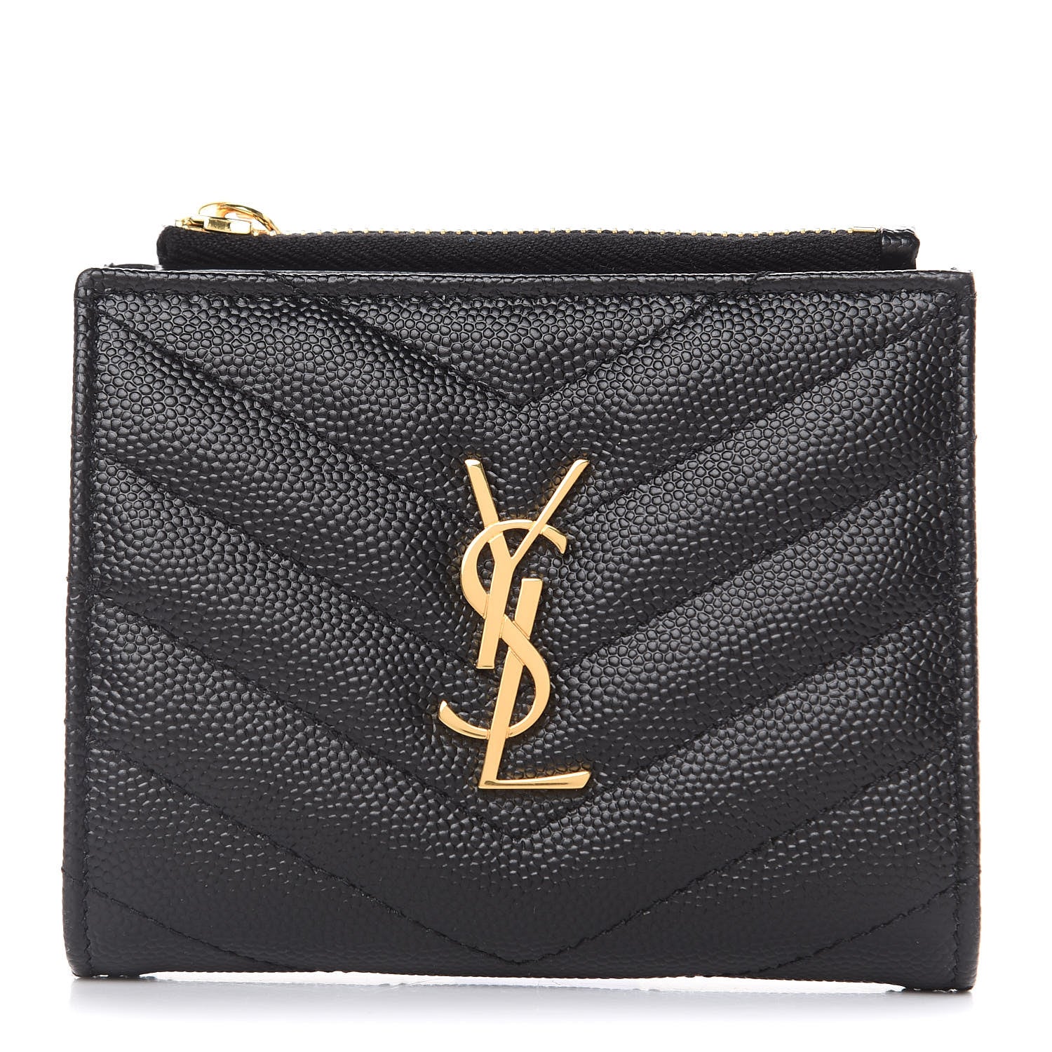 Saint Laurent Grain De Poudre Matelasse Chevron Monogram Zipped Card Case Black 1 of 6