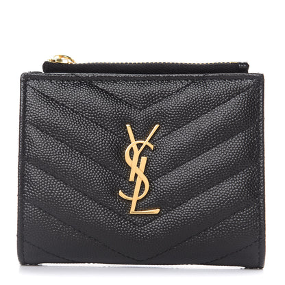 Saint Laurent Grain De Poudre Matelasse Chevron Monogram Zipped Card Case Black 1 of 6