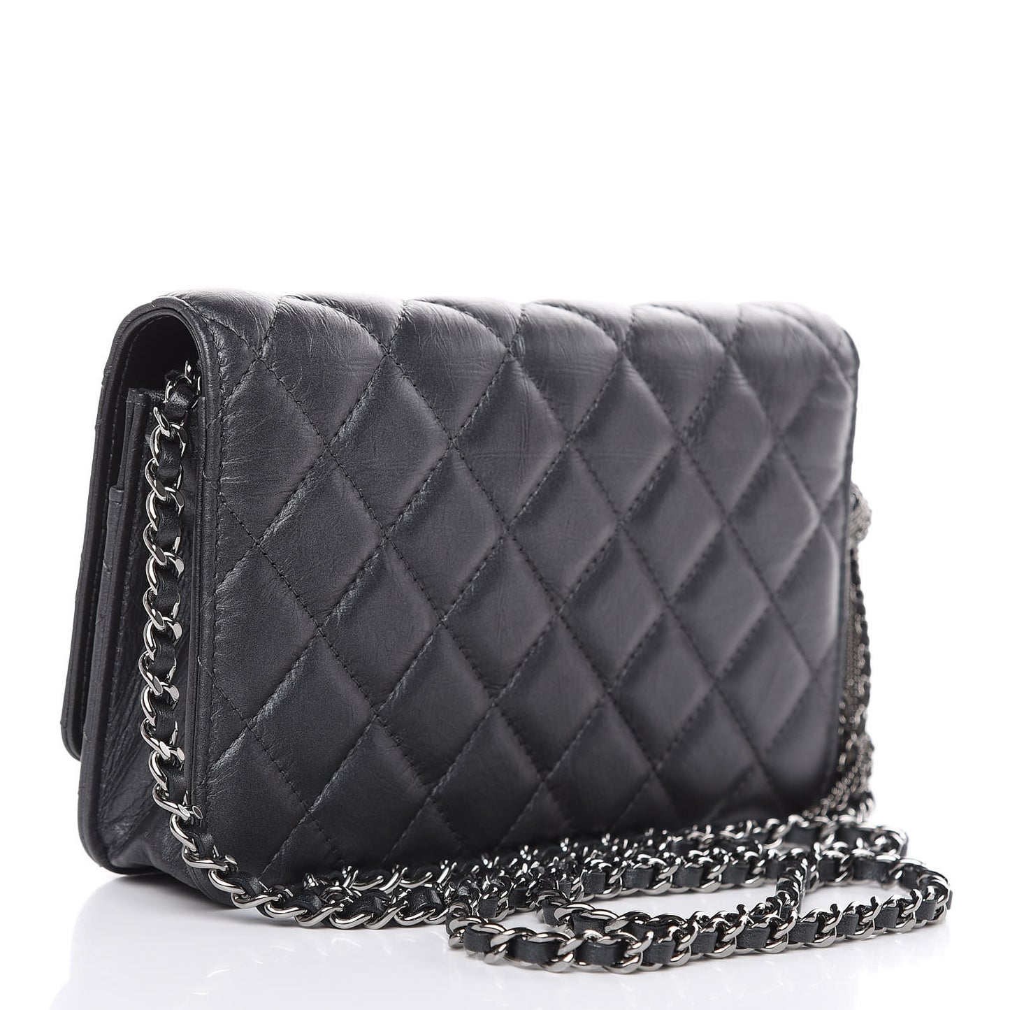 Iridescent Aged Calfskin Quilted Tassel Wallet On Chain WOC Dark Silver