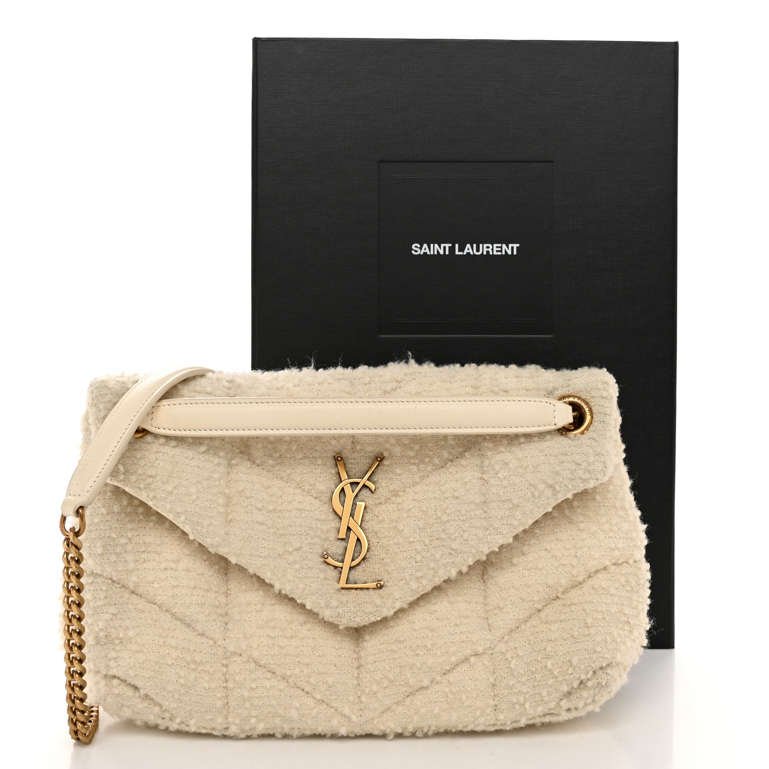 Saint Laurent Boucle Tweed Quilted Small Loulou Puffer Monogram Chain Satchel Crema Soft 12 of 12