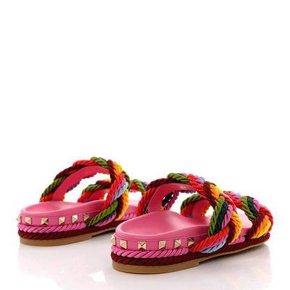 Valentino Garavani Calfskin Silk Woven Rockstud Torchon 5mm Sandals 36 Feminine Pink Multicolor 4 of 8