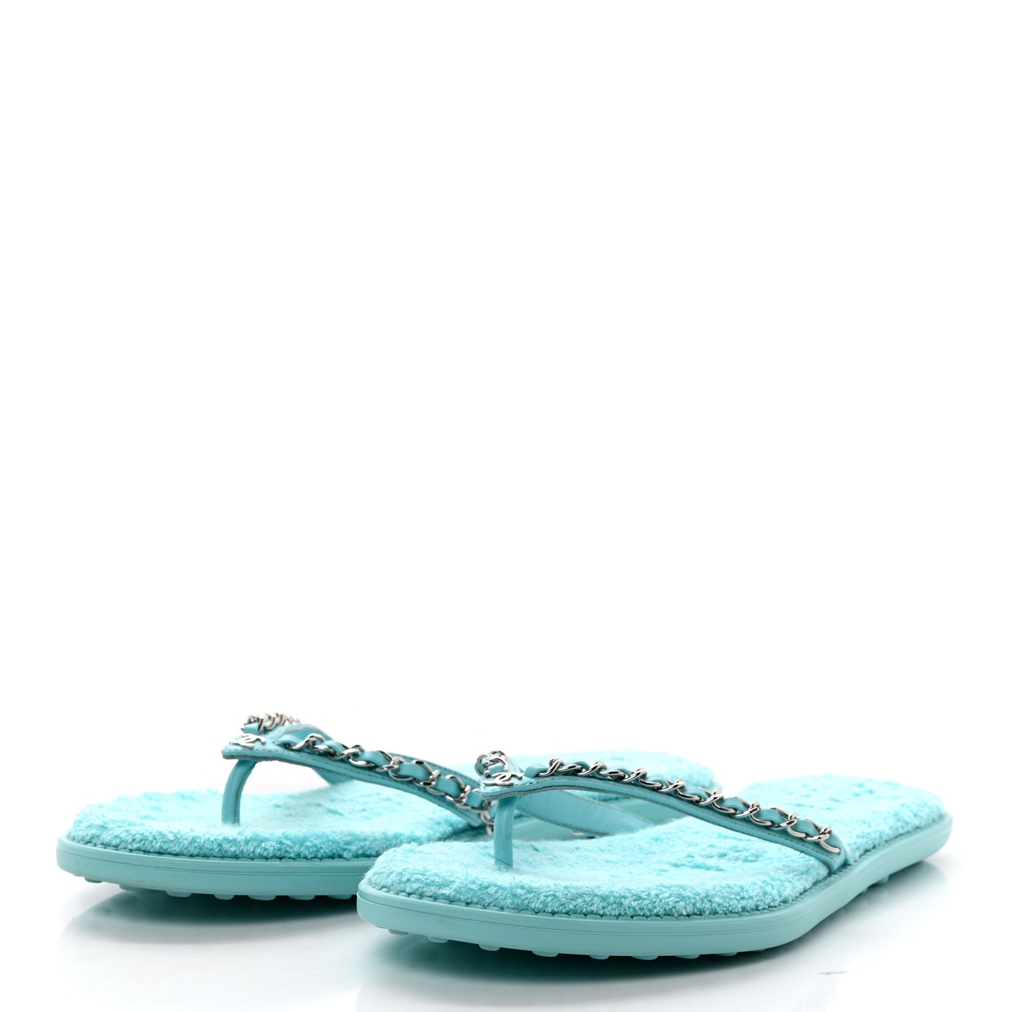 Calfskin CC Chain Thong Sandals 38 Light Blue