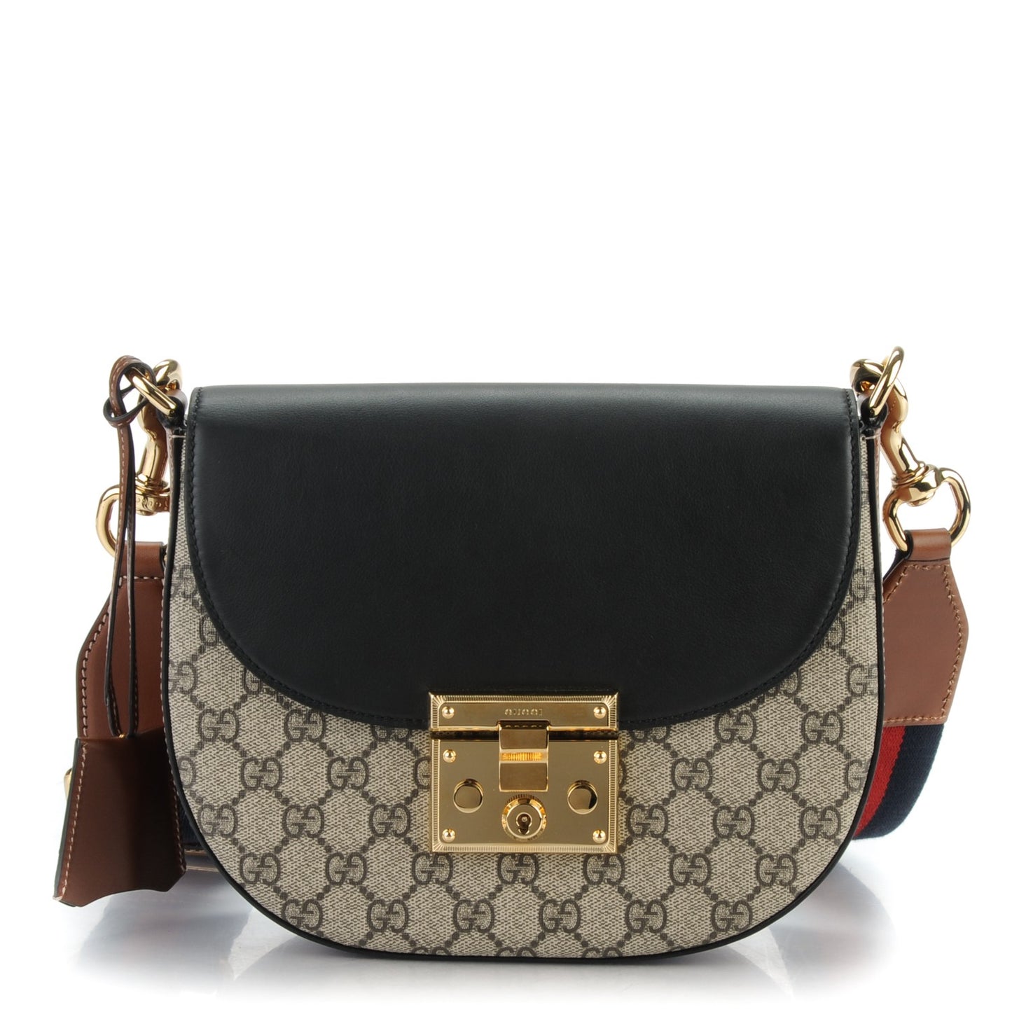 GG Supreme Monogram Web Medium Padlock Messenger Shoulder Bag Black