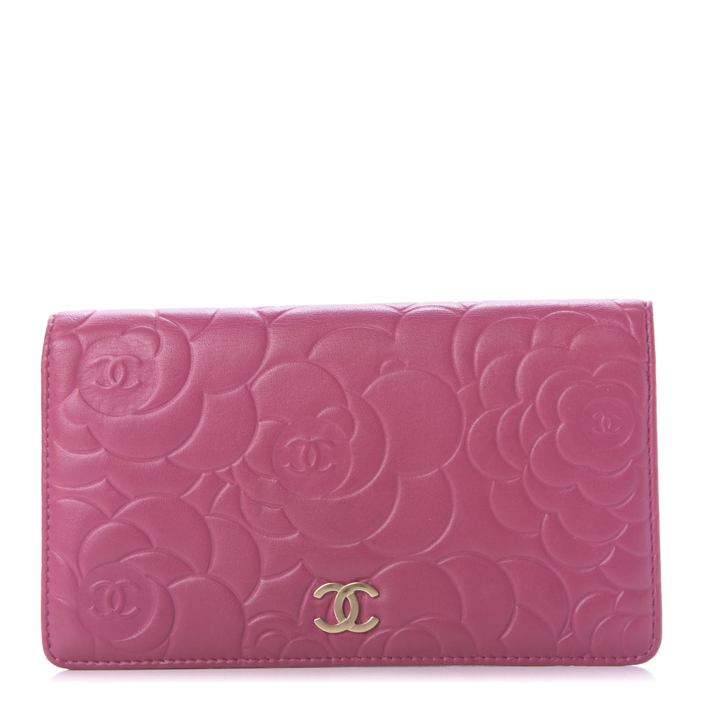 Lambskin Camellia Embossed Yen Wallet Fuchsia