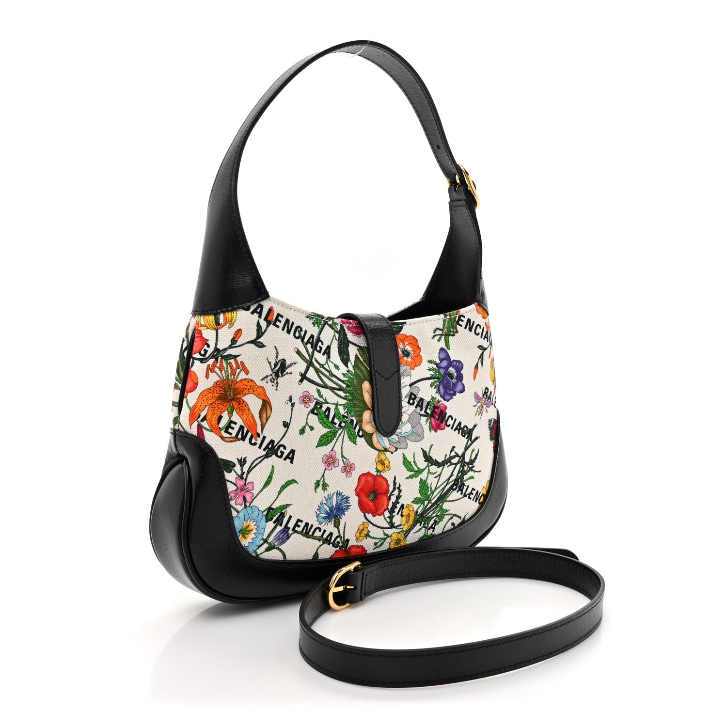 Gucci X BALENCIAGA Canvas Boarded Pluton Calfskin Flora Logo Print Small Jackie 1961 Hobo White Multicolor Black 3 of 10