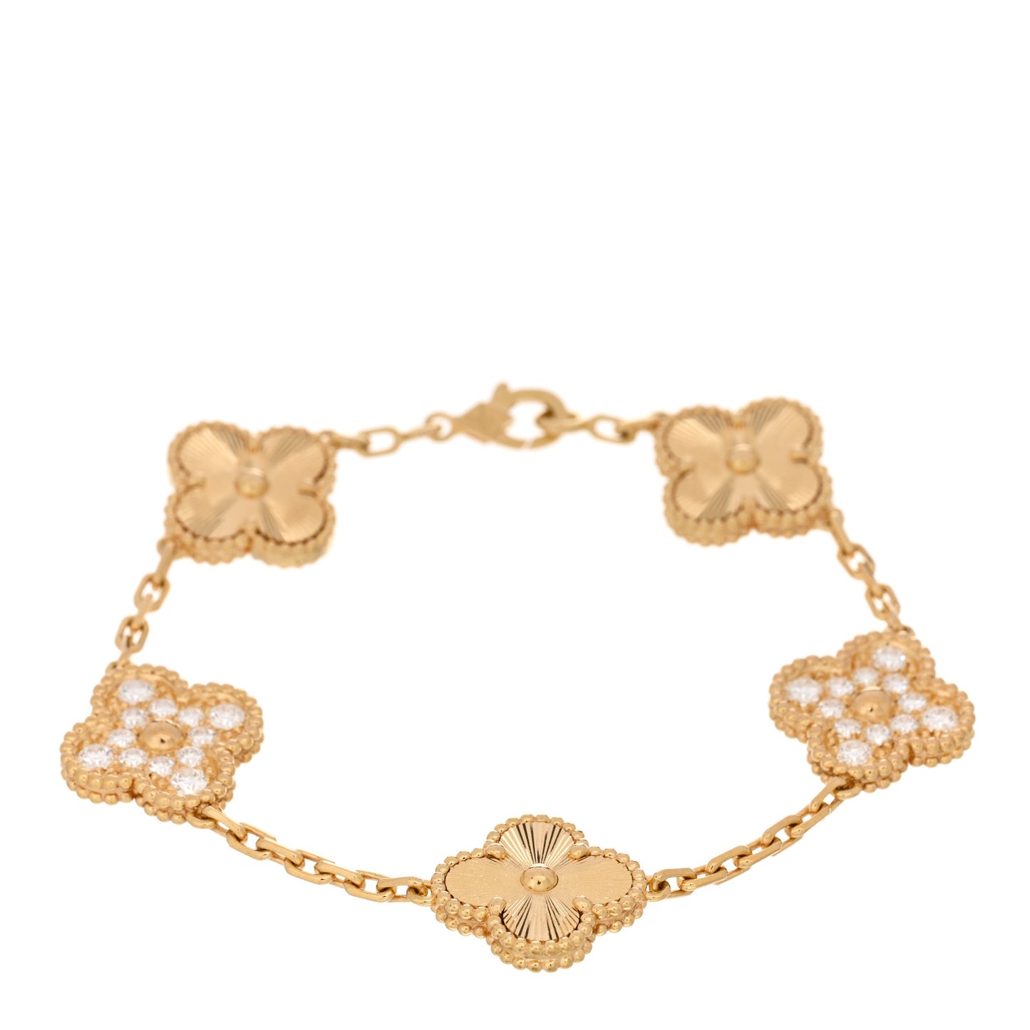 18K Yellow Gold Diamond 5 Motifs Guilloche Vintage Alhambra Bracelet