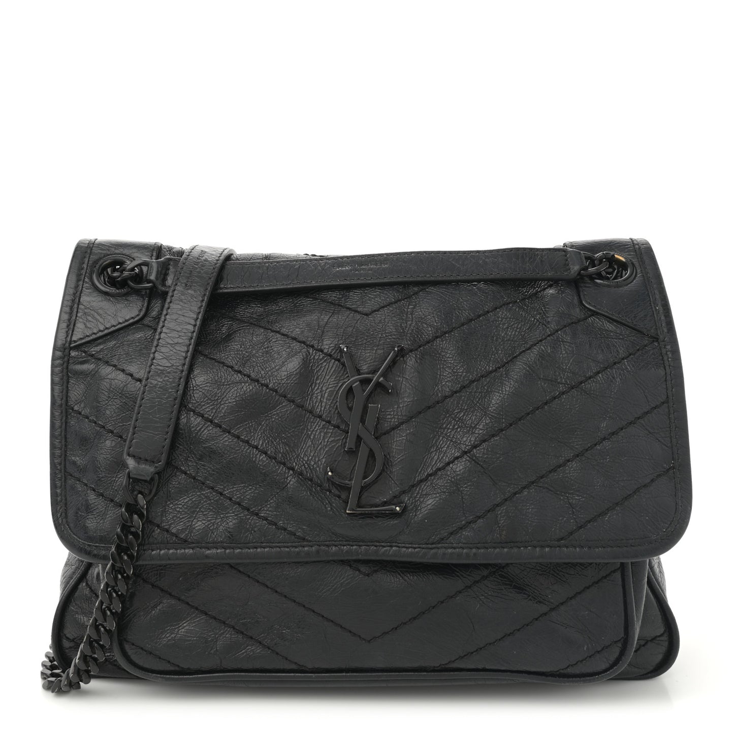 Crinkled Calfskin Matelasse Monogram Large Niki Chain Satchel Black