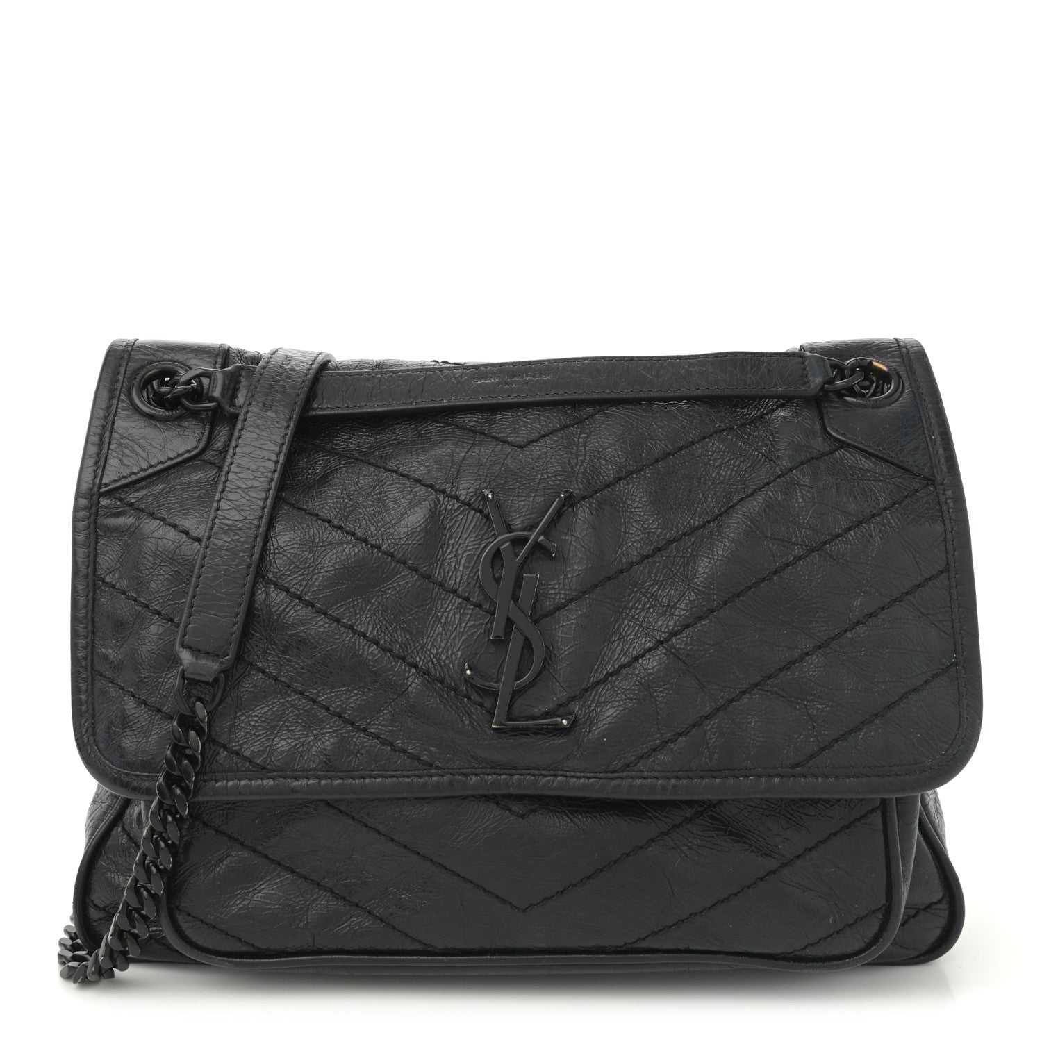 Saint Laurent Crinkled Calfskin Matelasse Monogram Large Niki Chain Satchel Black 1 of 12
