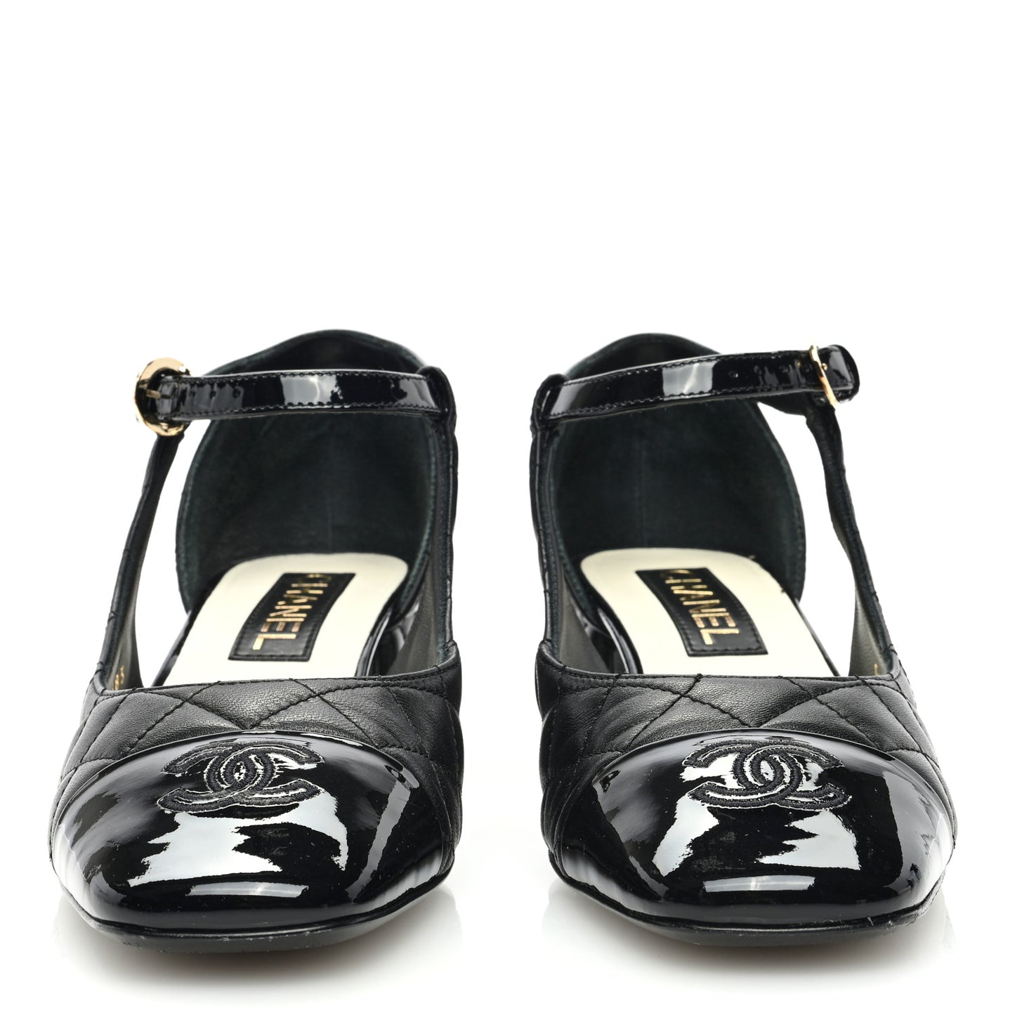 Lambskin Patent Quilted Cap Toe Mary Jane Flats 38.5 Black