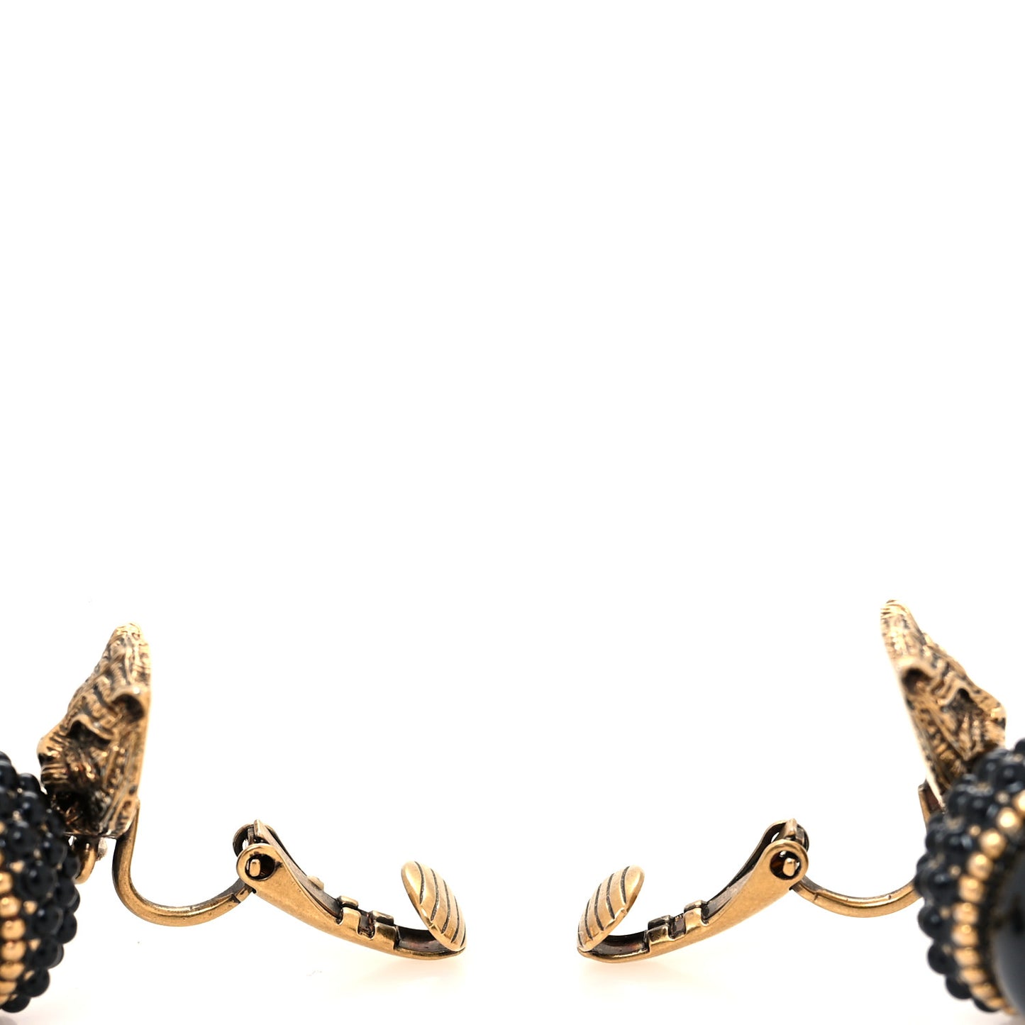 Metal Resin Pearl Feline Clip On Earrings Aged Gold Black