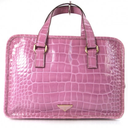 Prada Calfskin Crocodile Embossed Structured Tote Bag Pink 1 of 14