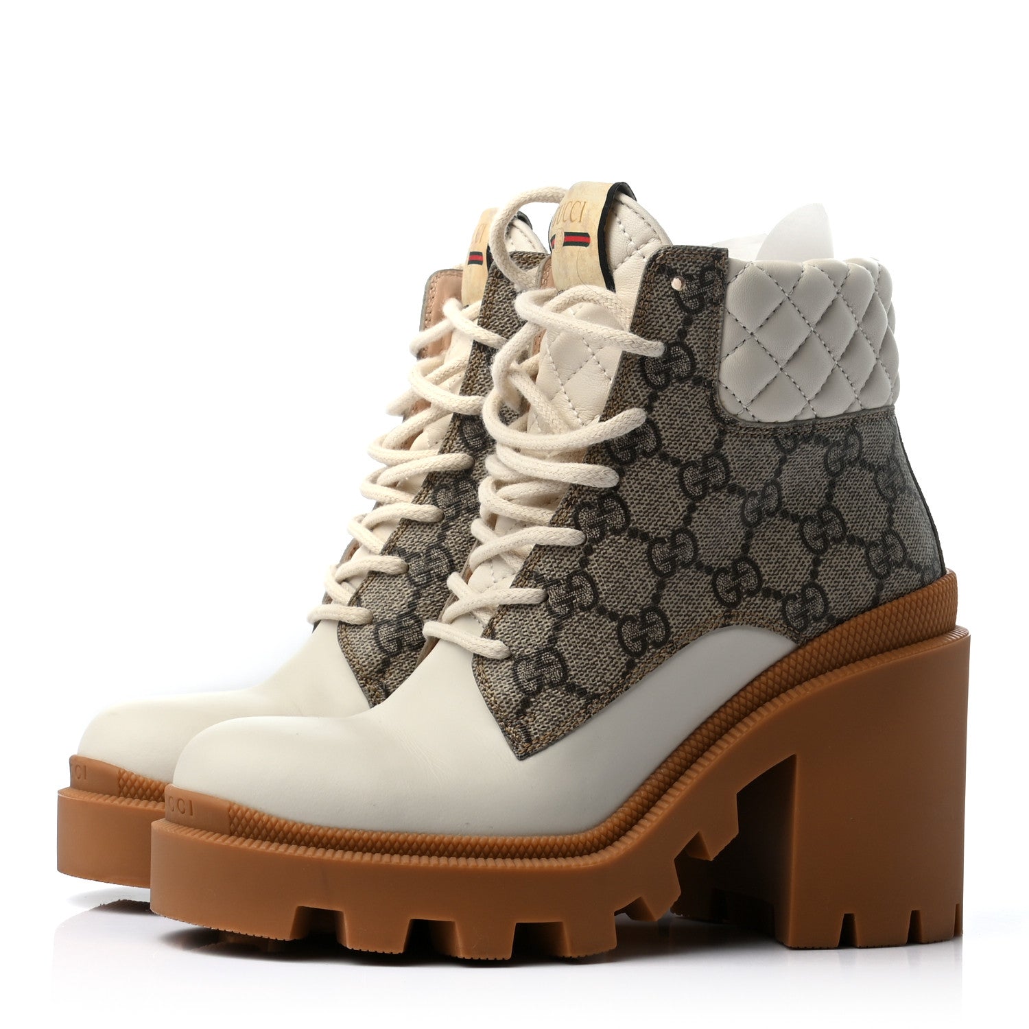 Gucci Calfskin GG Supreme Monogram Nappa Quilted Lace Up Ankle Boots 35 Mystic White Beige 3 of 8