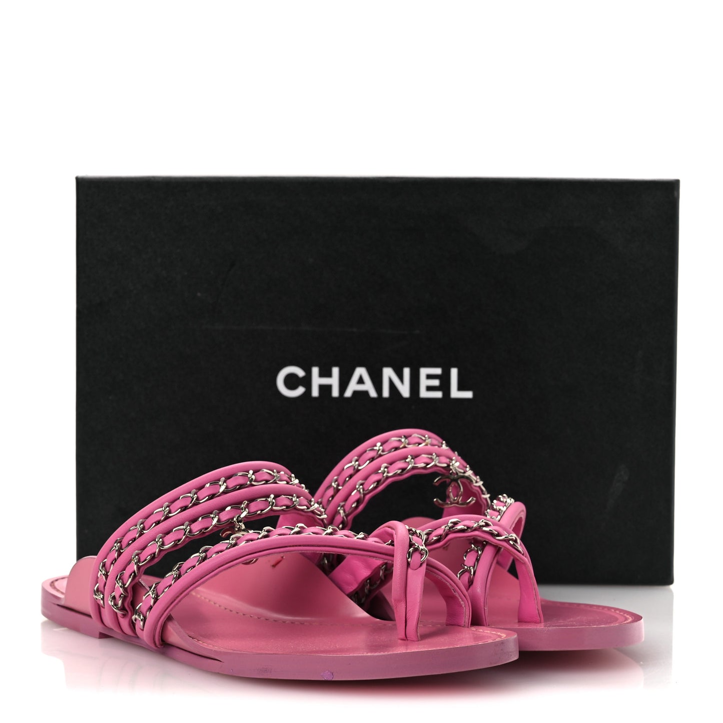 Calfskin Chain CC Thong Flat Sandals 40 Pink 40 Pink
