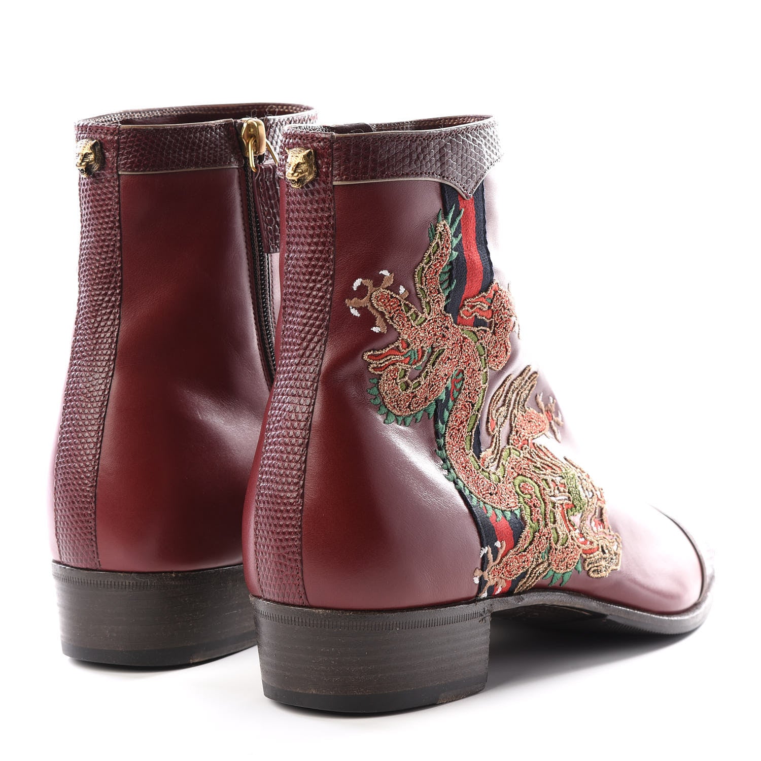 Gucci Calfskin Malaga Kid Lizard Web Dragon Embroidered Ankle Boots 7 Bordeaux 4 of 10