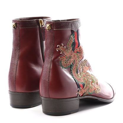 Gucci Calfskin Malaga Kid Lizard Web Dragon Embroidered Ankle Boots 7 Bordeaux 4 of 10