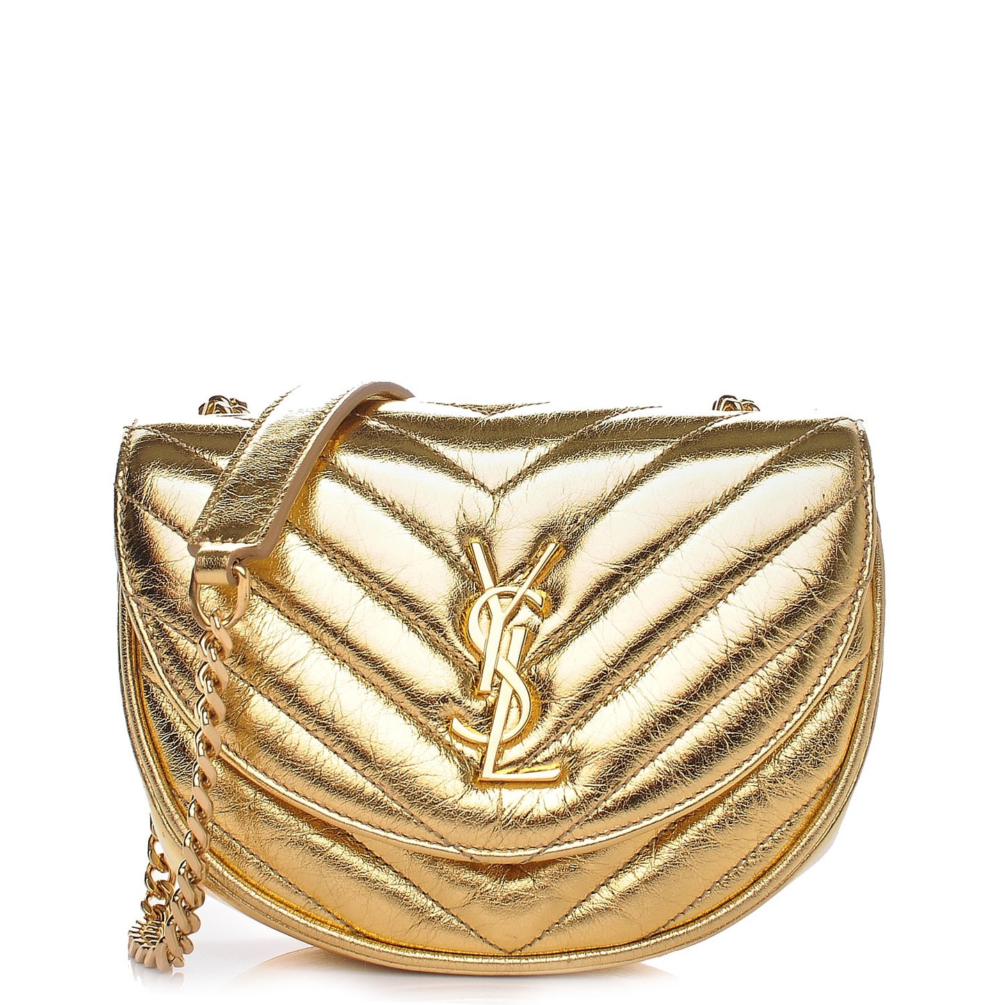 Metallic Calfskin Matelasse Monogram Small Bubble Chain Crossbody Gold
